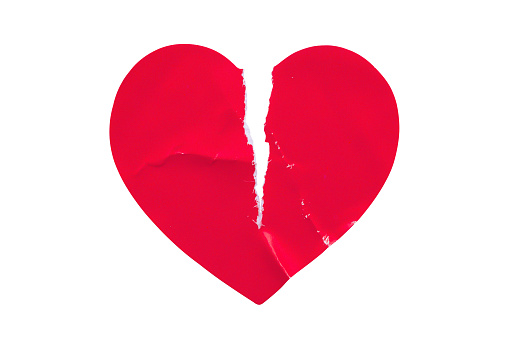 Red color broken heart shape sticker isolated on white background