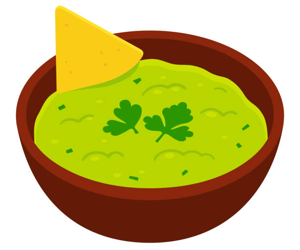 guacamole mit nacho-chip illustration - guacamole bowl mexican culture drawing stock-grafiken, -clipart, -cartoons und -symbole