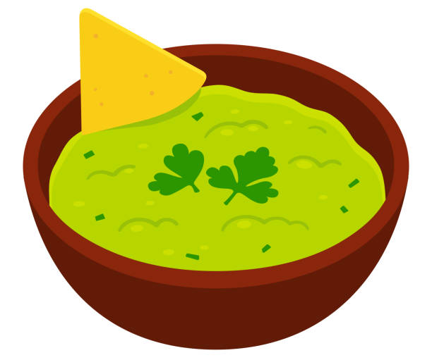 ilustrações, clipart, desenhos animados e ícones de guacamole com ilustração de chip de nacho - guacamole bowl mexican culture drawing