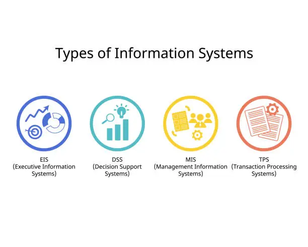 Vector illustration of Types of Information System for MIS, TPS, DSS and EIS icon