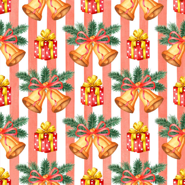 Pattern of bells and gifts on a striped watercolor background Watercolor illustration of a pattern of Christmas yellow bells, fir branches and a red gift box on a striped background. Isolated composition for posters, cards, banners, flyers, covers, placards bell sleeve stock illustrations
