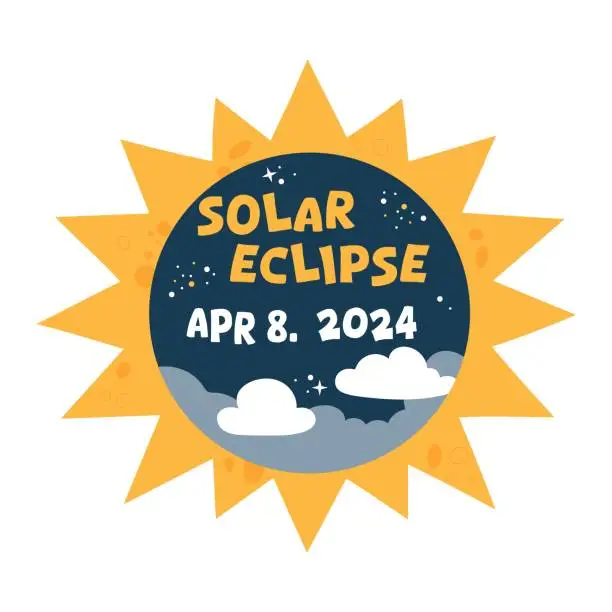 Vector illustration of Hand drawn banner solar eclipse 8 april 2024. Vector design with sun, sky and stars.