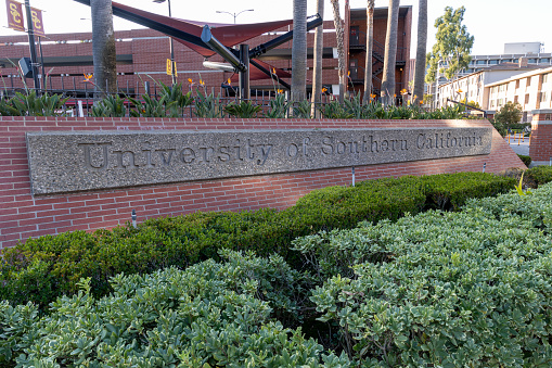 Los Angeles, CA - December 25 2023: Sign at the entrance to the University of Southern California