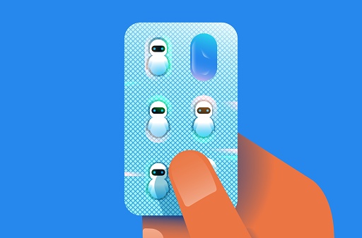 Blister with chatbot pills. Ai assistance, artificial intelligence in daily life and medicine concept. Vector illustration.