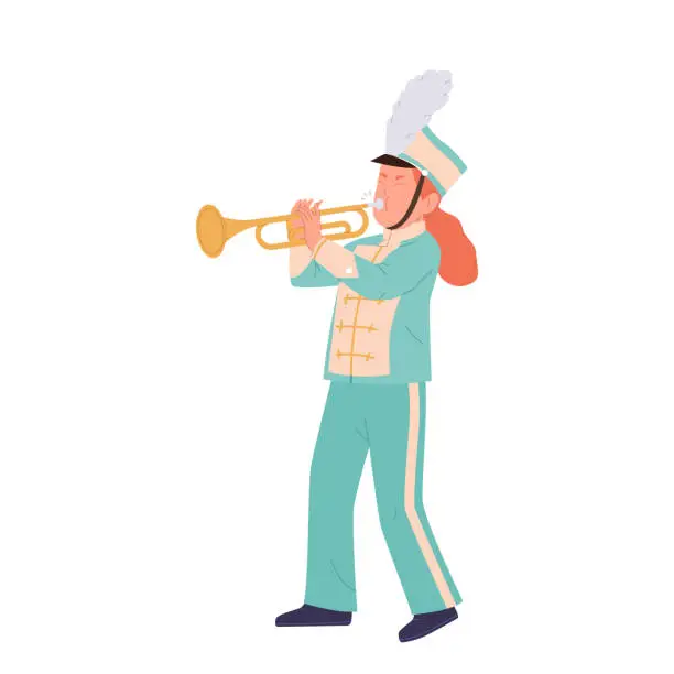 Vector illustration of Cute little girl military orchestra musician cartoon character playing trumpet wind instrument