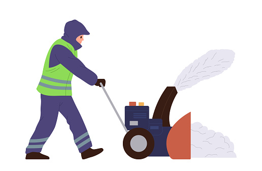 Man janitor cartoon character in uniform using automatic snowblowler machine for cleaning street vector illustration isolated on white. City service seasonal occupation during winter snowfall
