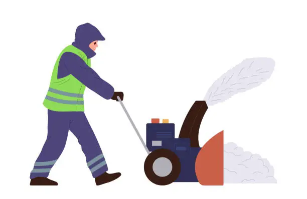 Vector illustration of Man janitor cartoon character in uniform using automatic snowblowler machine for cleaning street