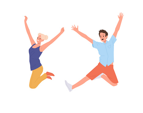 Happy excited young man and woman cartoon characters jumping feeling positive emotion joyfully cheering success, goal achievement and victory vector illustration isolated on white background
