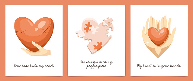 Set of cards with heart and caring hands for Valentines day. Love, care, sentiments, compassion, support concept. Hands that are holding heart, puzzle pieces forming a heart. Vector illustration