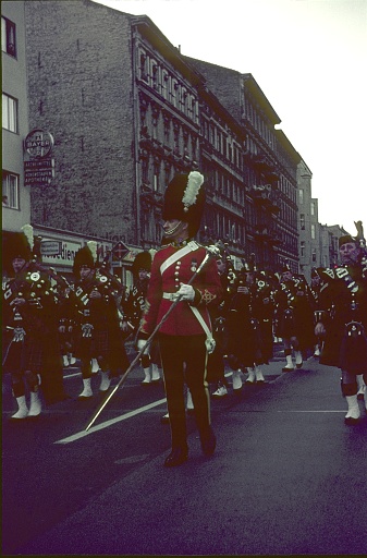 Berlin (West), Germany, 1965. British Scots-Highland military band at Allied Forces Day on a street in Berlin West.