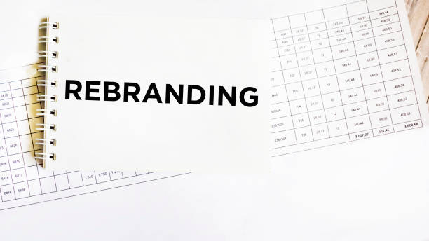 The word REBRANDING on a notepad and white background.