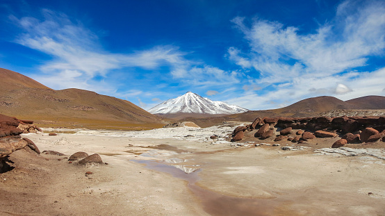 Snow-capped Licancabur volcano reflected in the lake and Piedras rojas (red stones) rock formation in sunny daylight, Idyllic Atacama Desert, volcanic landscape, border of Chile, Bolivia and Argentina. Travel destination South America background with copy space.