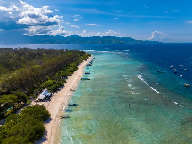 Aerial view of the beach in Gili Meno Island, Indonesia