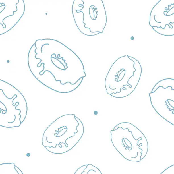 Vector illustration of Vector illustration. Contour seamless pattern. Donuts in sketch style. Hand drawn food elements. Desserts and sweets festive pattern for textiles, wallpaper, packaging, wrapping paper.