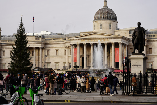 Trafalgar Square, City of Westminster, Central London, England, United Kingdom, Great Britain - December 26th, 2023: Christmas Tree, Christmas Market, and festive activities, decorations, winter markets in central London, England, United Kingdom, Great Britain