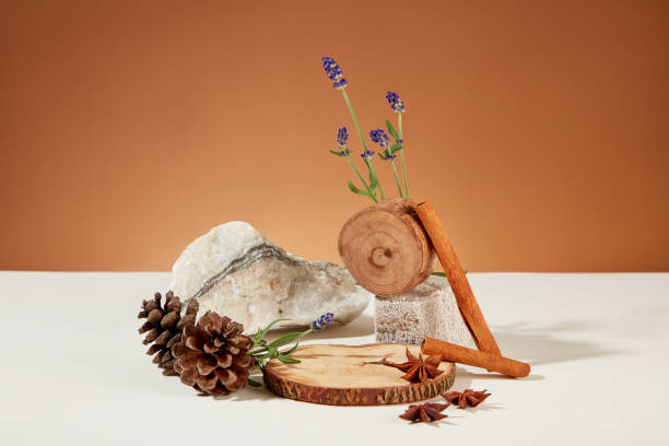 istock Wooden platforms, stone slabs, cinnamon, herbs and lavender grace a brown-white background-a picturesque setting for promoting natural cosmetics. 1886124896