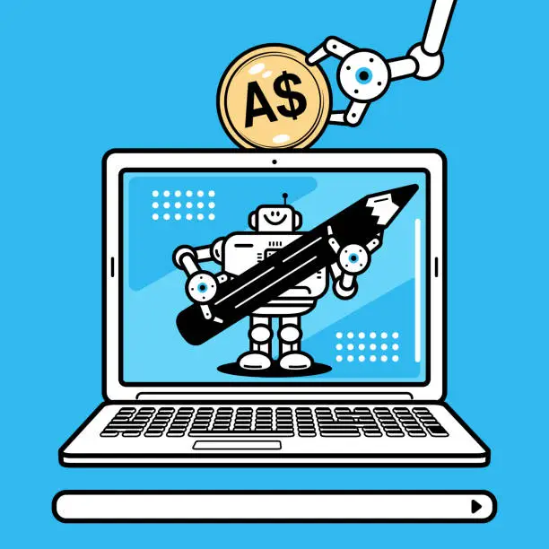 Vector illustration of An artificial intelligence robot carrying a large pencil on a laptop computer screen, and a robotic arm putting money into the computer