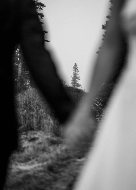 istock Couple holds hands out of focus with pine tree in background. 1886191894