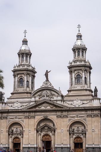 Beautiful view to old historic cathedral building in downtown Santiago in Santiago, Santiago Metropolitan Region, Chile