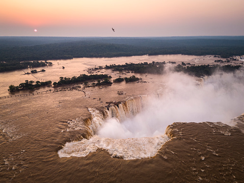 Beautiful aerial view to strong waterfalls in Iguazu Falls, Paraná in Foz do Iguaçu, State of Paraná, Brazil