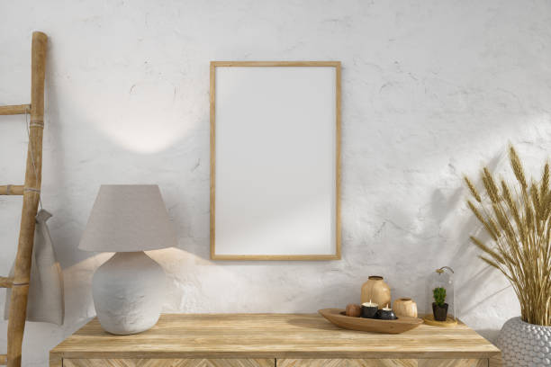 istock Empty Picture Frame On Wall And Wooden Cabinet With Decorative Objects And Lamp Shade 1886271404