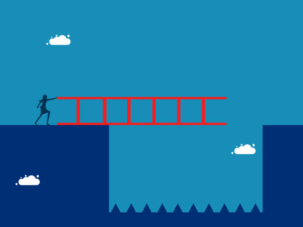 istock Heavy obstacles in doing business. Businesswoman crossing the gap. vector 1886292445