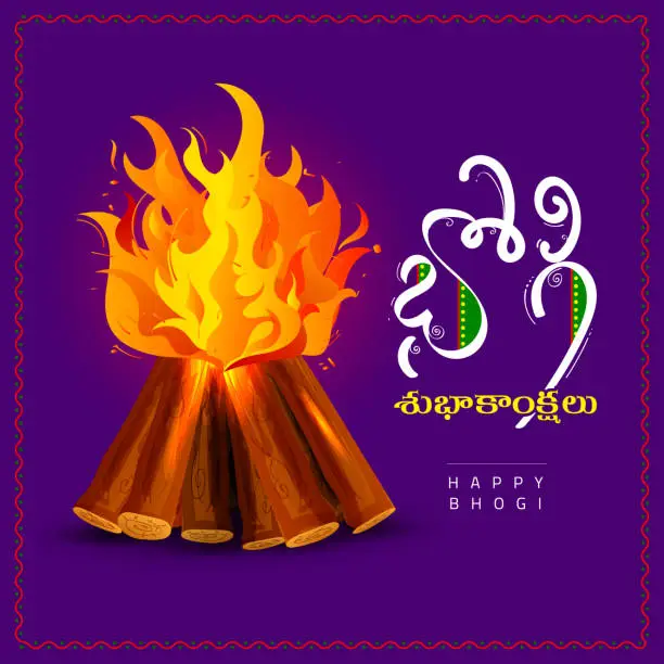Vector illustration of south indian festival Happy Bhogi vector illustration written in regional language Telugu with festive elements.