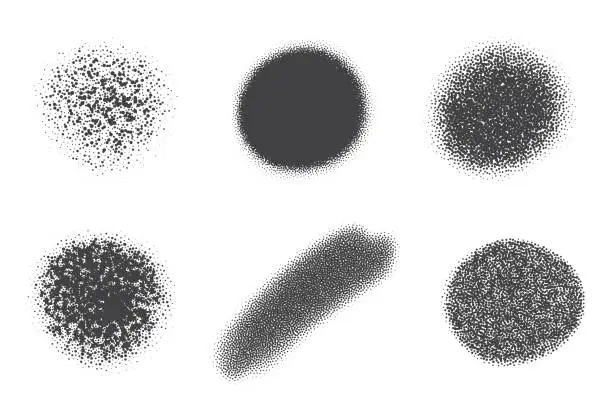 Vector illustration of Paint spray stains with splatter dotted texture. Grunge black noise shapes. Dust spot and blob. Vector elements on white background