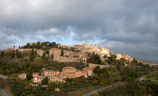 A drone view of the Tuscan hilltop village and wine capital of Montepulciano