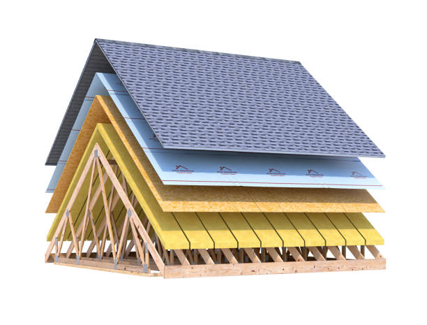 pokrycie dachu gontem bitumicznym w warstwach izolowanych. ilustracja 3d - siding wood shingle house wood zdjęcia i obrazy z banku zdjęć