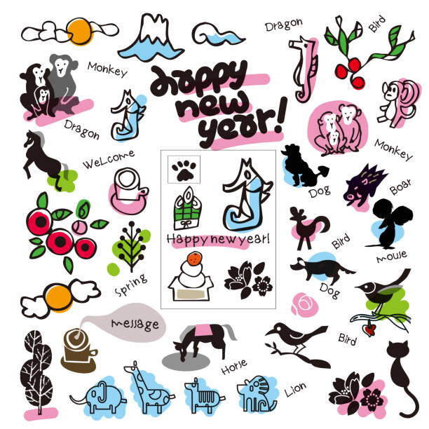 są to japońskie ilustracje wektorowe doodle, które można wykorzystać do tworzenia kartek noworocznych. kolekcja noworocznych znaków zodiaku i symboli. koty, konie, koniki morskie, owce, myszy, ptaki, kurczaki, kwiaty, dziki i kwiaty wiśni. - happy bird stock illustrations