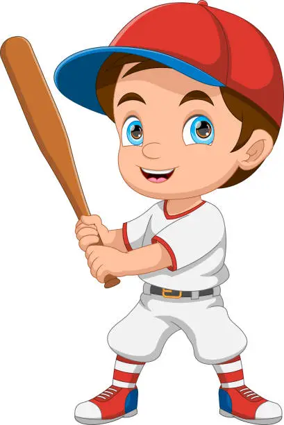 Vector illustration of cartoon little boy playing baseball