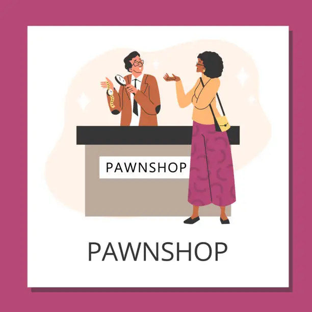 Vector illustration of Pawnshop expert appraiser looking at golden watch, expensive valuable thing under magnifying glass cartoon vector poster