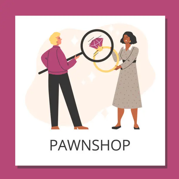 Vector illustration of Pawnshop expert appraiser looking at golden ring with a diamond, valuable jewelry under magnifying glass vector poster