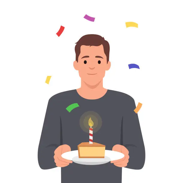 Vector illustration of Young man standing right and holding a Birthday big sweet cake with candles