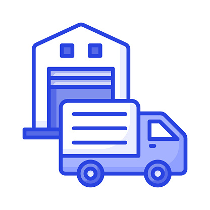 Delivery van front of warehouse showing concept icon of logistics delivery, order fulfillment vector design