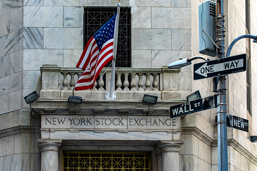 New York, USA; June 1, 2023: The Wall Street Stock Exchange Building, which is the wealthiest financial district of Manhattan.