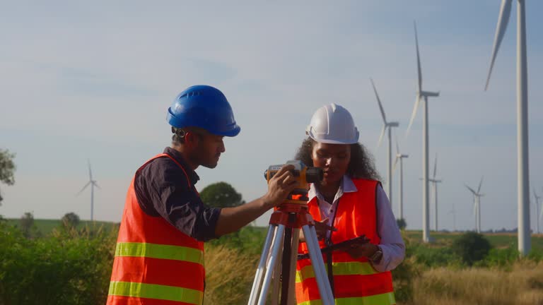 Young engineer and woman taking notes and looking through the survey camera