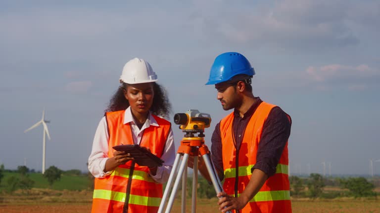 Young engineer and woman taking notes and looking through the survey camera