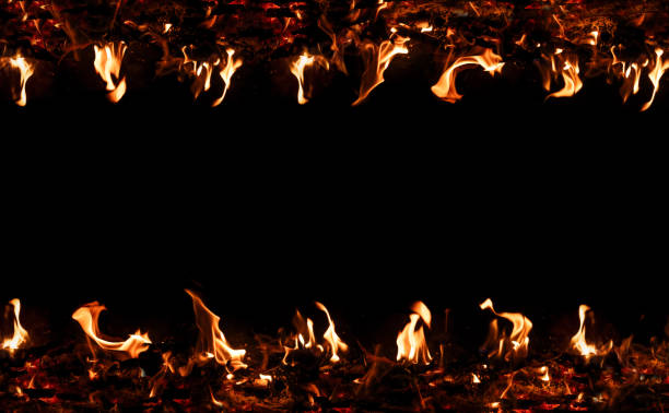 Fire flames on black background. Blazing campfire at night isolated on dark background.