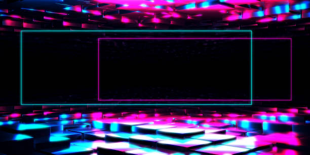 istock Geometric mock up design glowing neon lights.. Exhibition background 1886526492