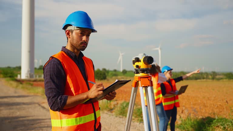 Young engineer and woman taking notes and looking through the survey camera.