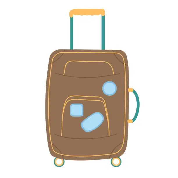 Vector illustration of Brown suitcase with retractable handle and on wheels for travel and business trips. Flat vector illustration of traveler's luggage in old style