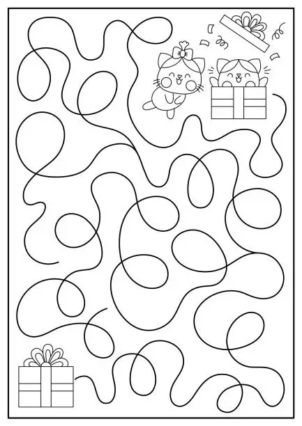 Vector illustration of Saint Valentine black and white maze for kids. Love holiday preschool printable line activity with kawaii cats, present. Labyrinth game, coloring page, puzzle with cute boy and girl kittens, surprise gift