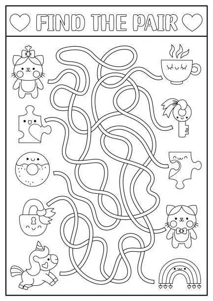 Vector illustration of Saint Valentine black and white maze for kids. Love holiday line printable activity with kawaii pairs. Labyrinth game, puzzle, coloring page with cat, jigsaw puzzle, cup, donut, unicorn, rainbow