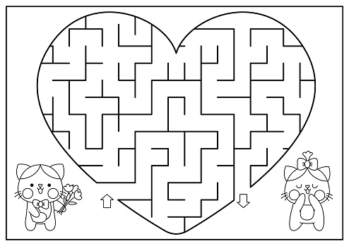 Saint Valentine heart shaped black and white maze for kids. Love holiday line printable activity with kawaii cats. Labyrinth game, puzzle, coloring page with cute kitten with flowers, gift