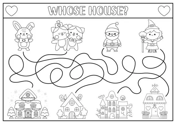Vector illustration of Holiday black and white maze for kids. Line activity with kawaii Santa Claus, witch, cats, bunny, house. Labyrinth game, puzzle, coloring page with Christmas, Easter, Valentine, Halloween character