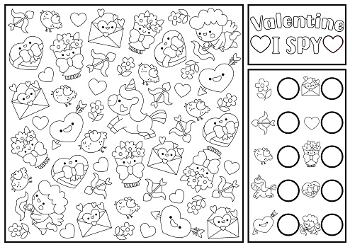 Saint Valentine black and white I spy game for kids. Searching and counting kawaii activity. Love holiday printable worksheet, coloring page. Simple spotting puzzle with unicorn, heart, cupid