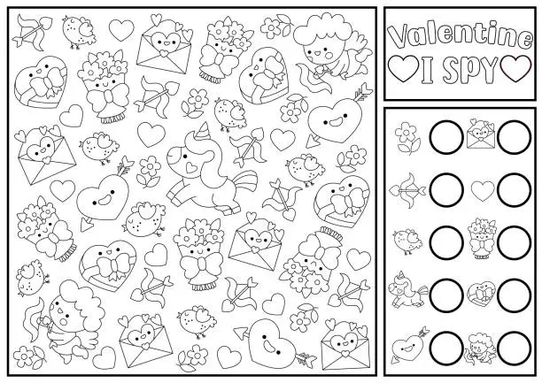 Vector illustration of Saint Valentine black and white I spy game for kids. Searching and counting kawaii activity. Love holiday printable worksheet, coloring page. Simple spotting puzzle with unicorn, heart, cupid