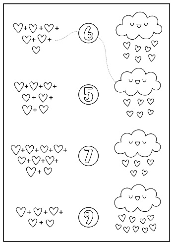 Saint Valentine black and white matching game with cute kawaii clouds raining with hearts. Love holiday line math activity for preschool kids. Educational printable counting worksheet, coloring page